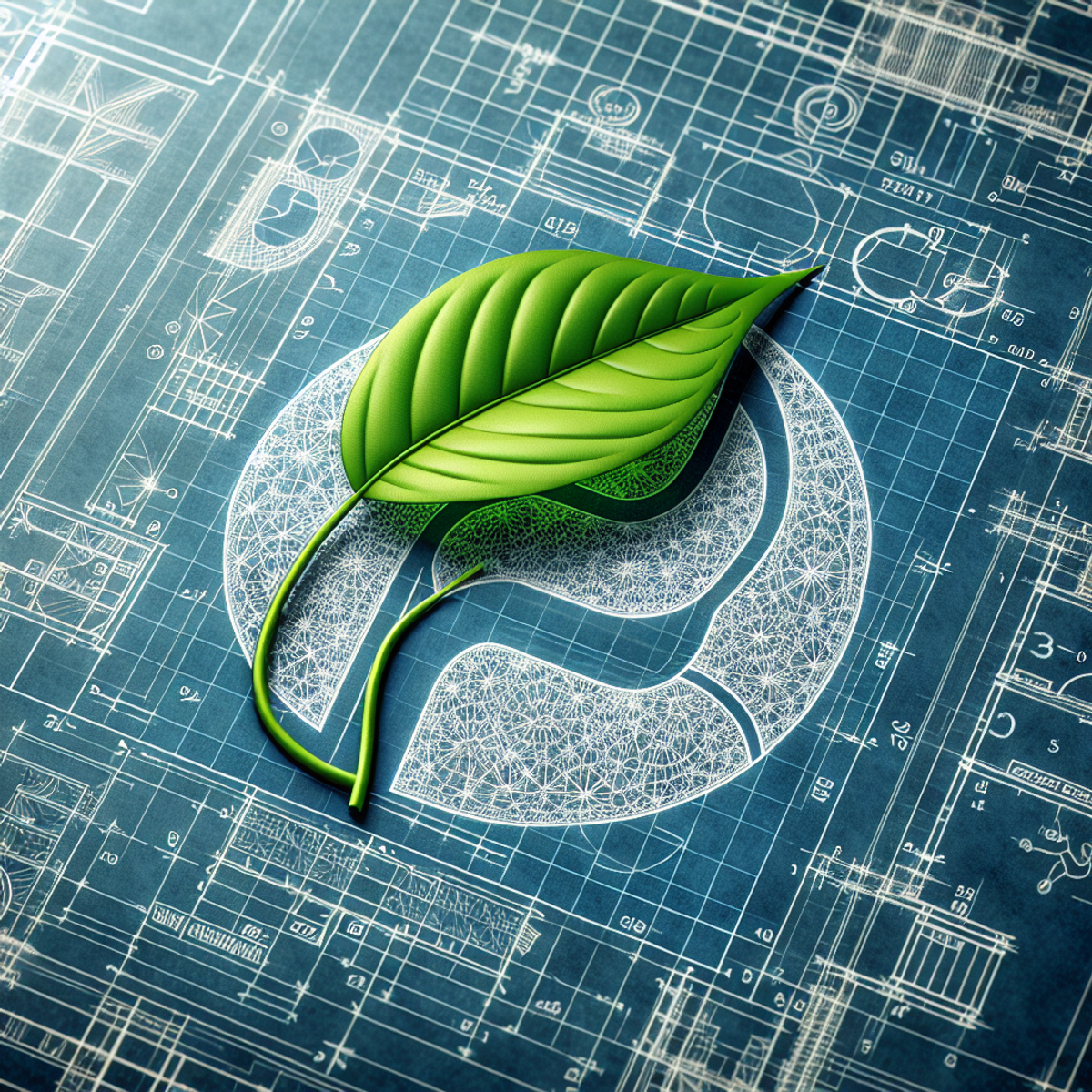 A bright green leaf growing from a blueprint, symbolizing the intersection of nature and technology.