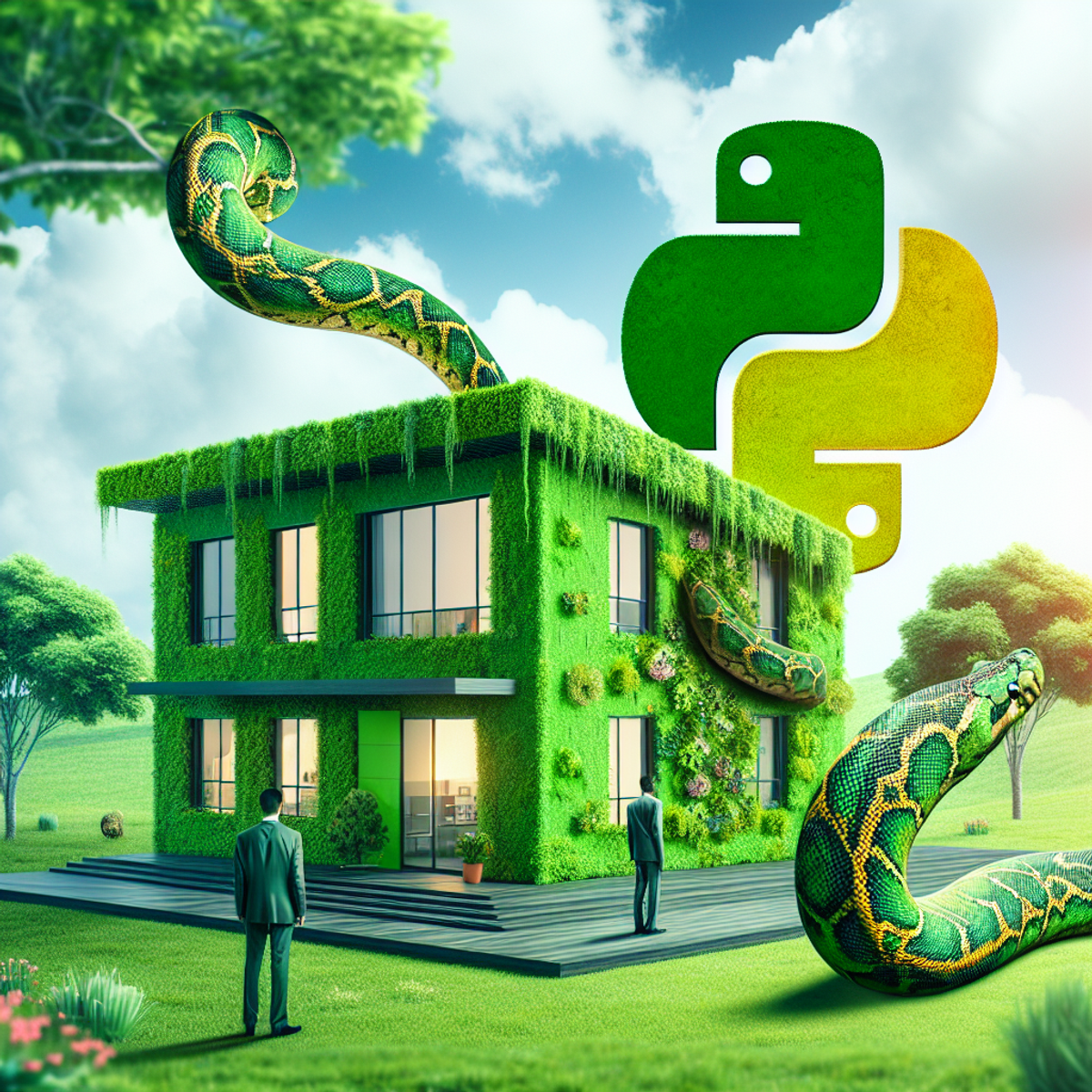 A green building with a python coiled around it, representing the synergy between sustainable architecture and Python programming.