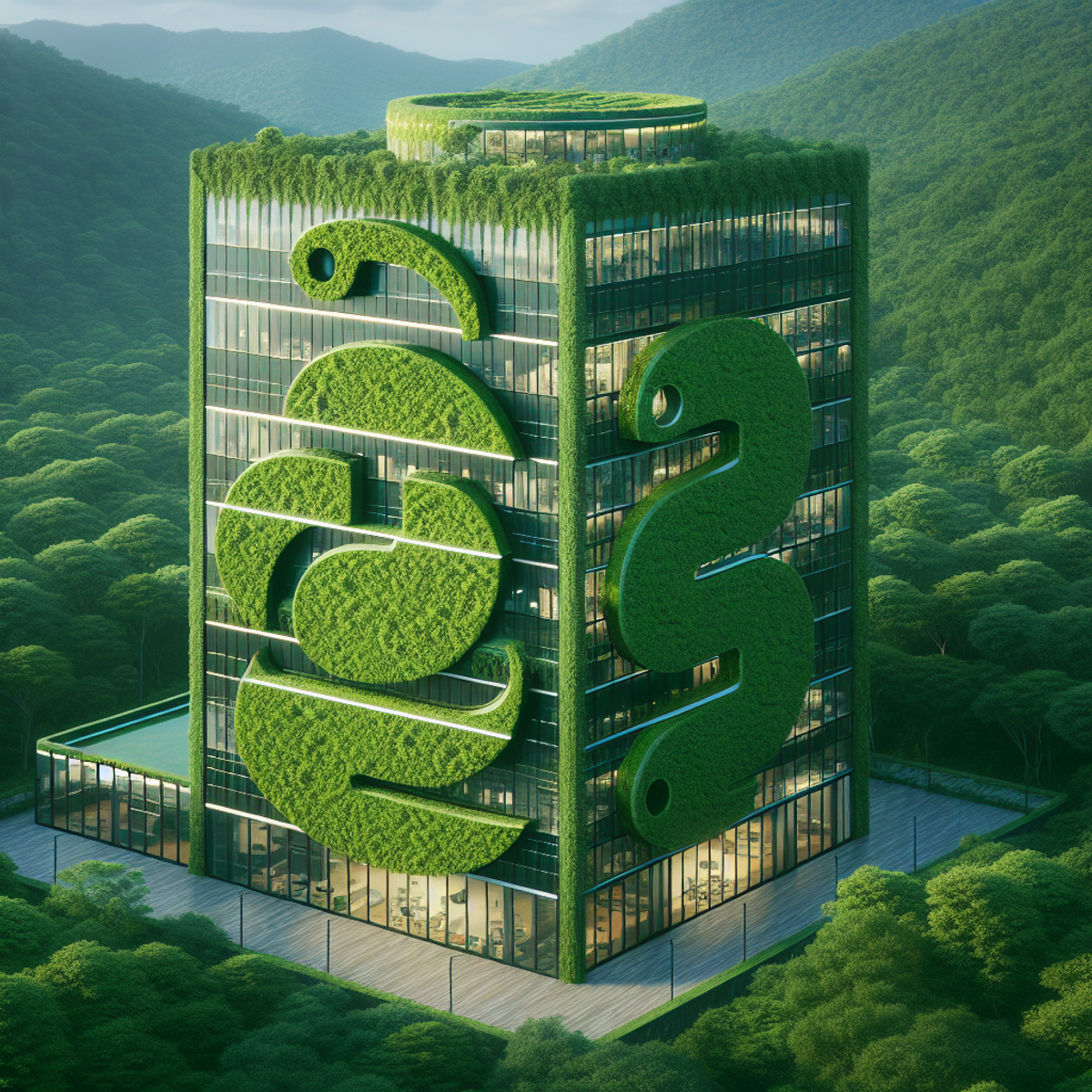 A modern building with a coiling pattern symbolizing Python programming language, surrounded by greenery.