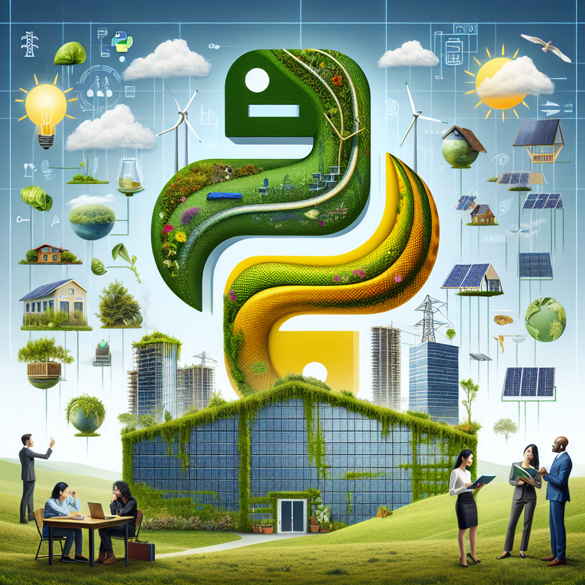 A snake intertwined with a sustainable building, surrounded by nature and characters brainstorming innovative ideas.