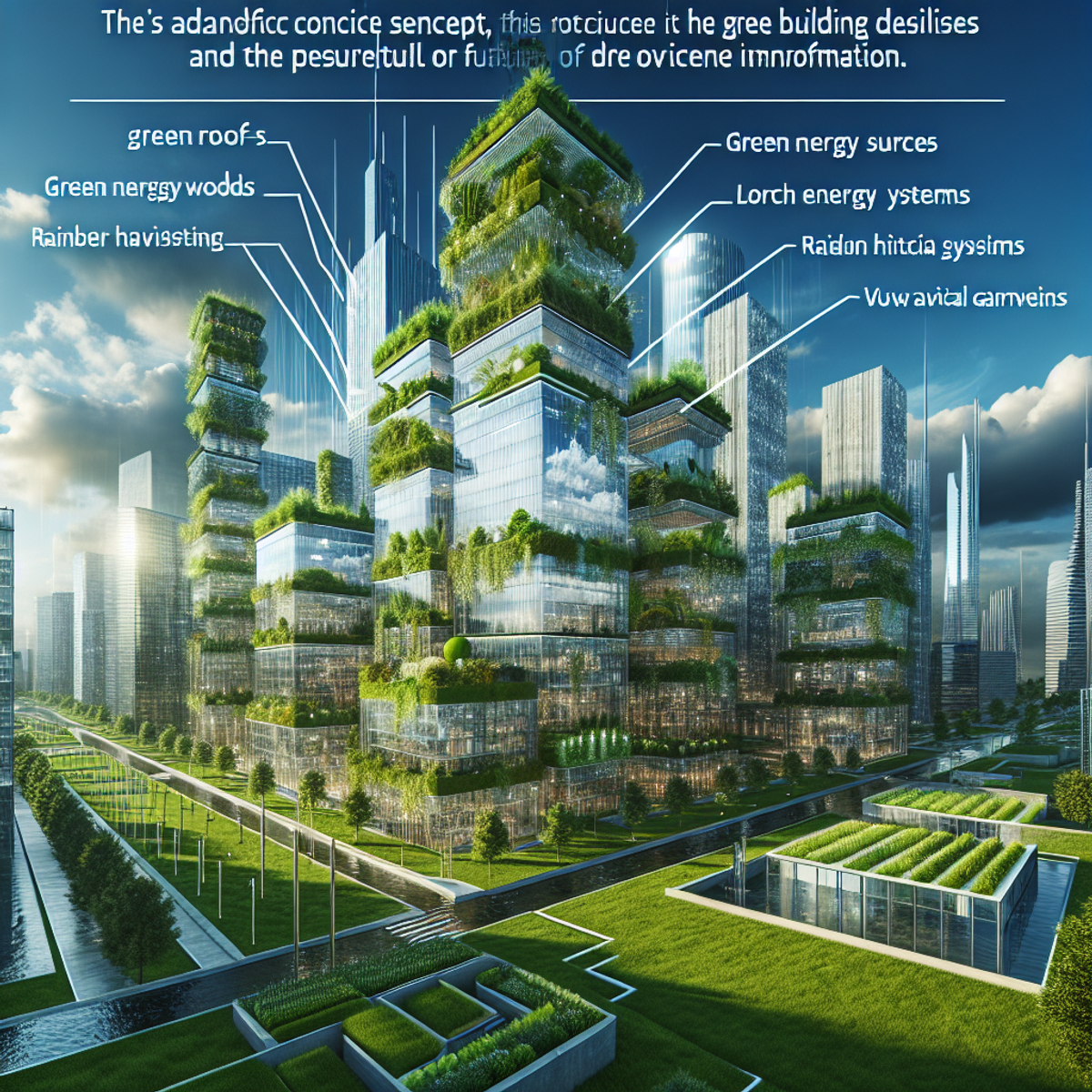 A modern city skyline with green buildings and eco-friendly features.