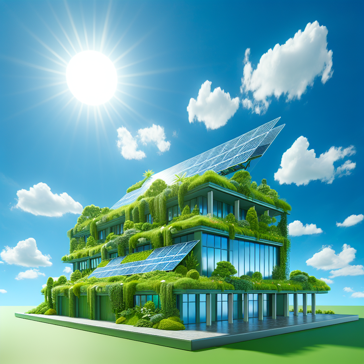 A hyper-realistic 3D image of a green building covered in thriving vegetation and equipped with solar panels, standing under a bright sun in a vast blue sky with fluffy white clouds.