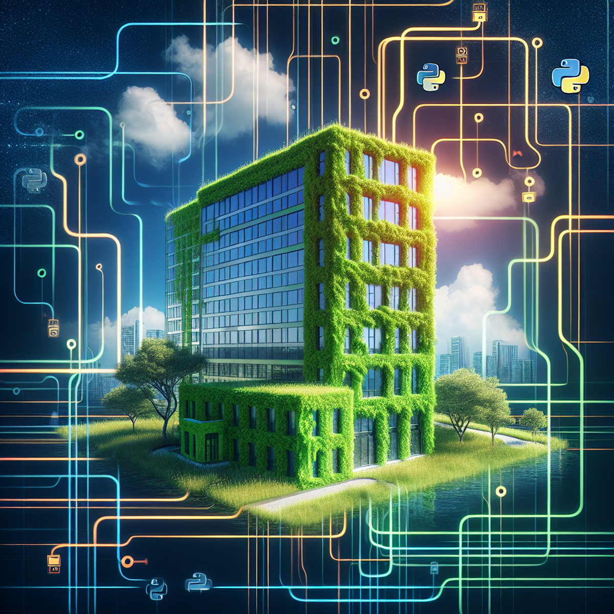 An abstract representation of Python programming interwoven with a vibrant green eco-friendly building.