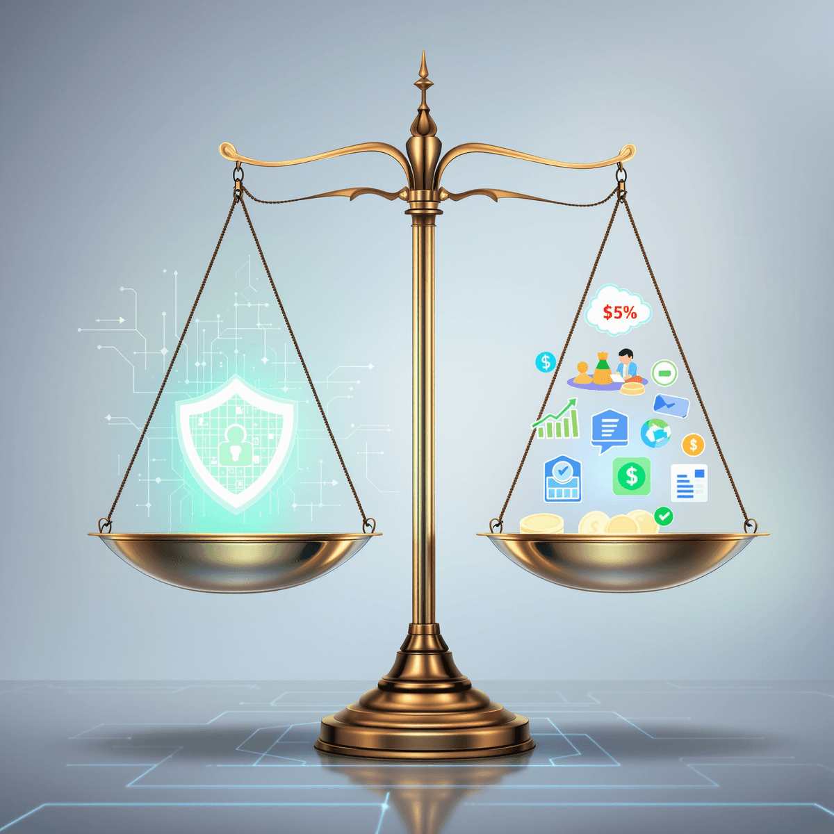 A digital scale balancing a glowing shield symbolizing data protection and abstract financial icons representing regulation, set against a tech-inspired background with subtle cultural motifs.