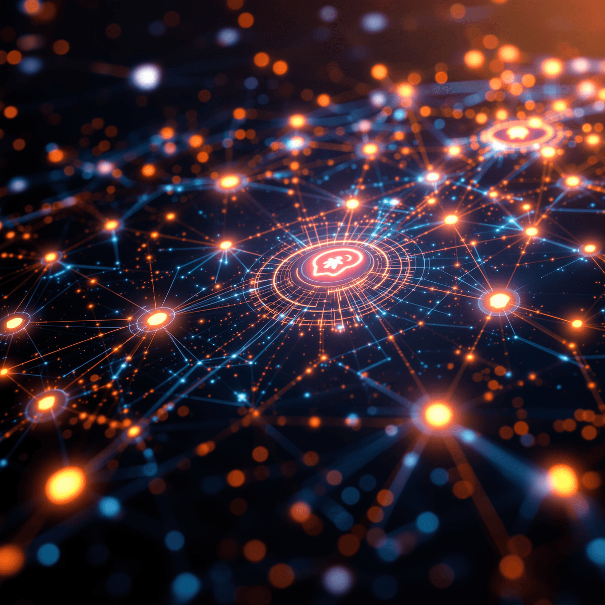 Glowing digital network with interconnected nodes, data streams, and subtle shield and magnifying glass icons on a warm, futuristic background symbolizing secure financial flow.
