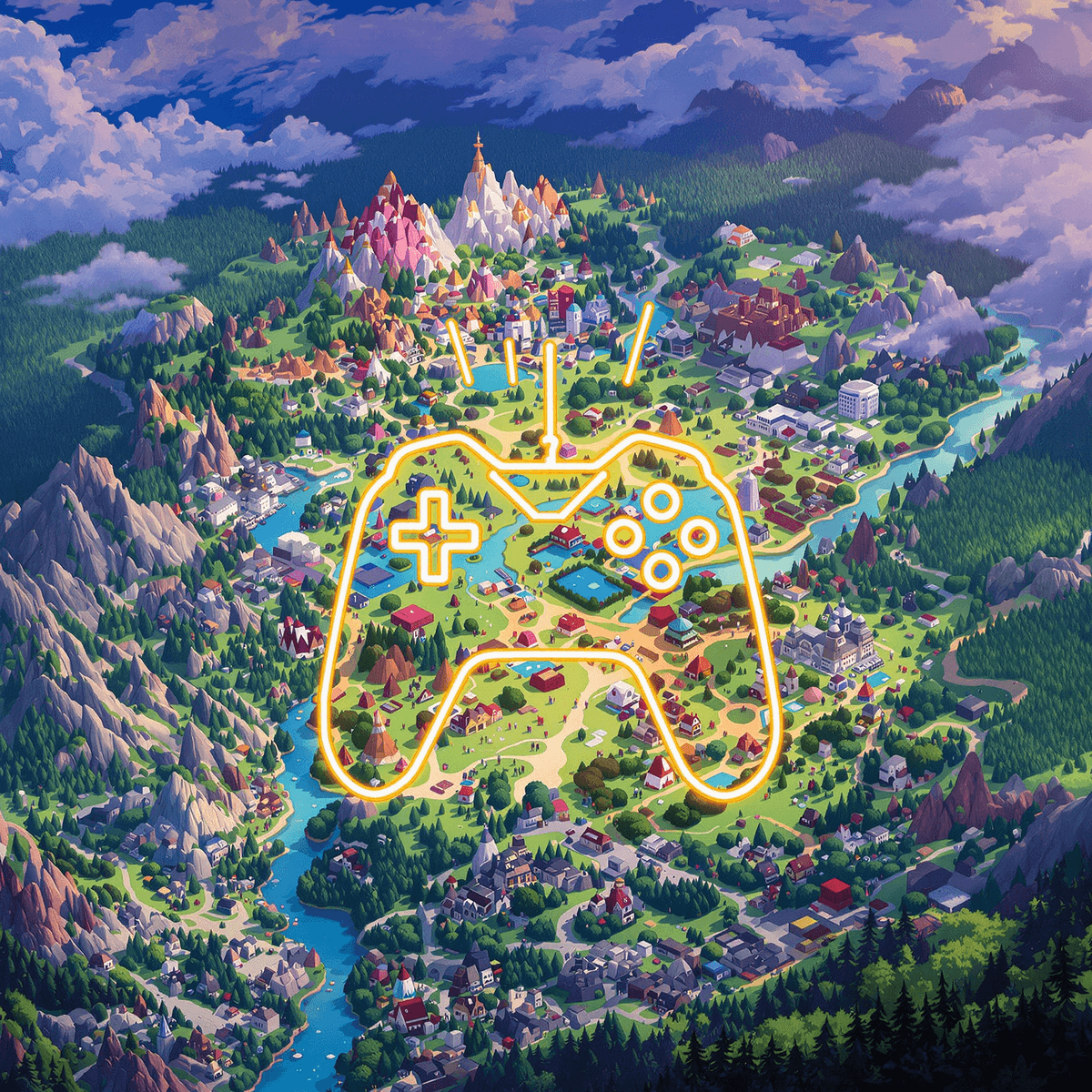 A realistic digital illustration of a vast gaming landscape with mountains, forests, urban areas, and a glowing game controller icon symbolizing adventure.