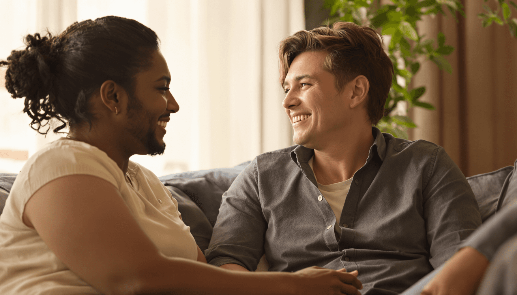 A couple sitting close, sharing a deep conversation with soft lighting highlighting their emotional connection and trust.