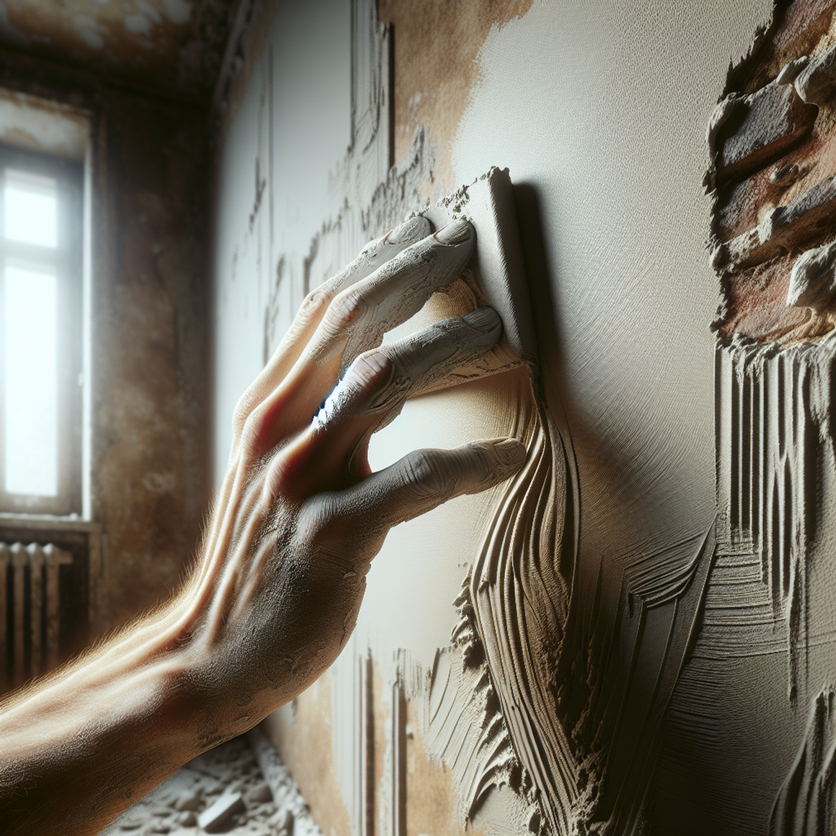 A hand delicately applying smooth drywall mud over a painted wall.