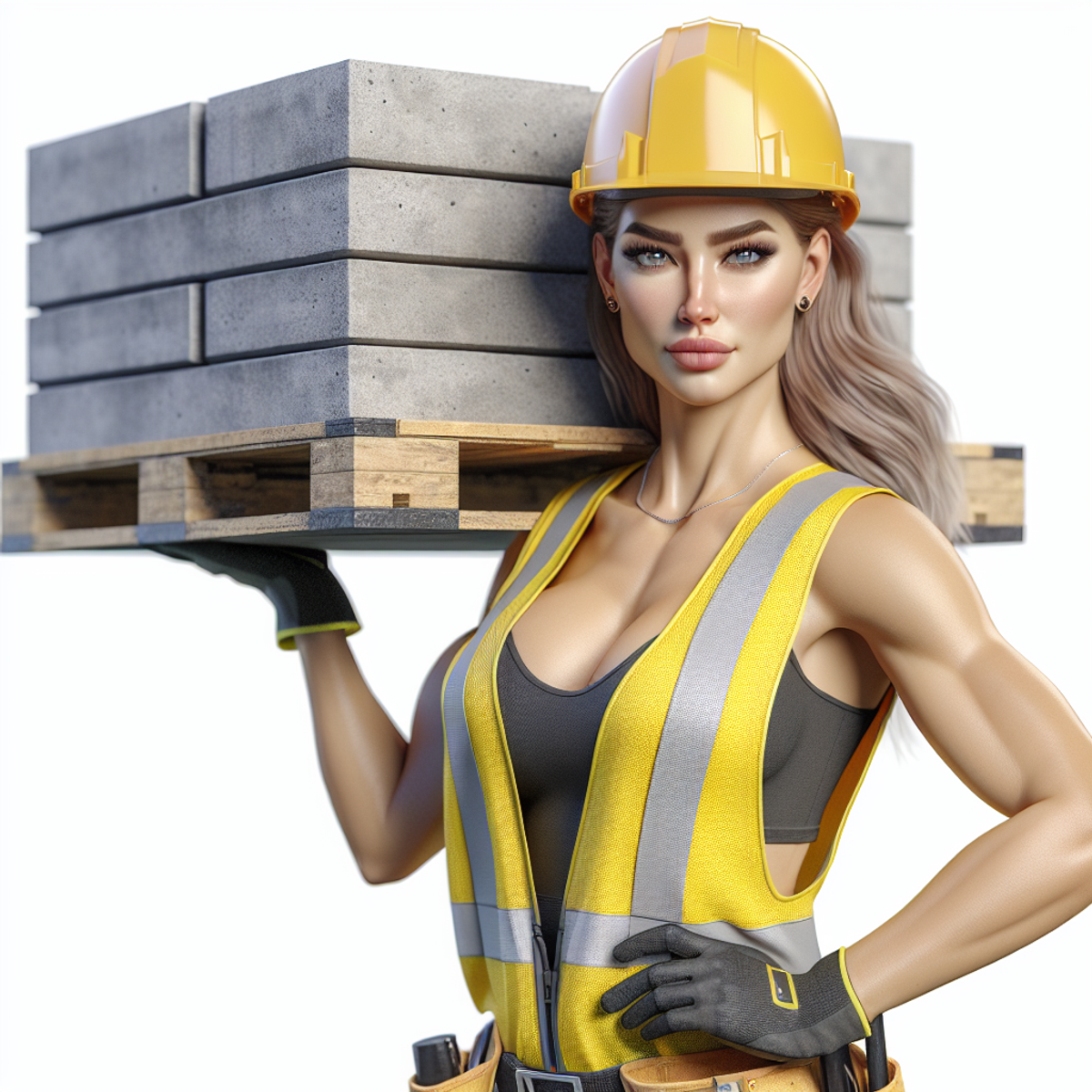 Confident female construction worker carrying a pallet of concrete.