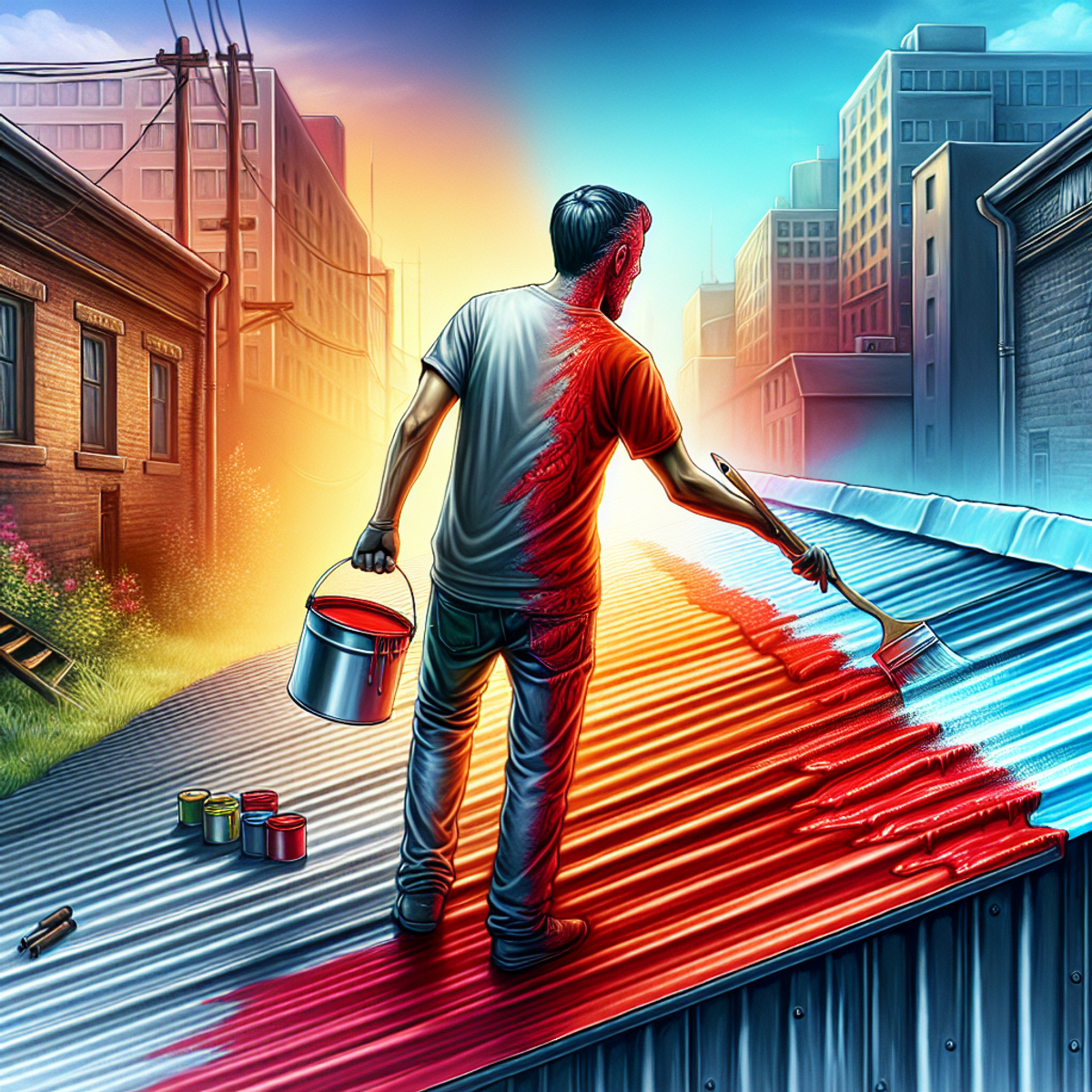 A man painting a metal roof with red paint.