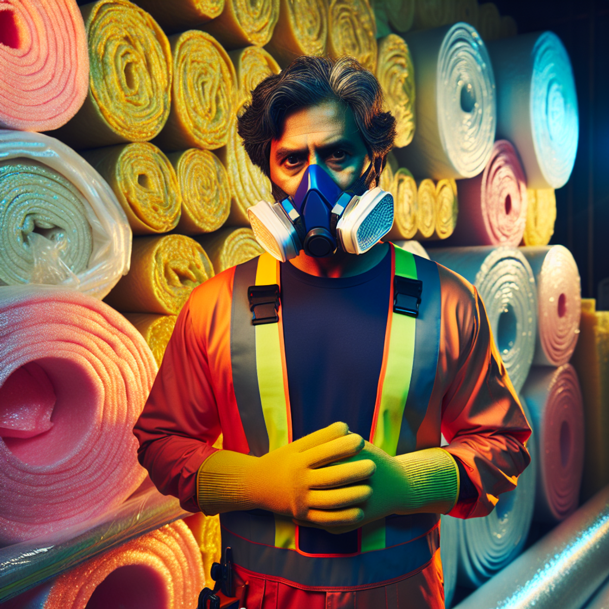 A man wearing safety gear surrounded by insulation materials.