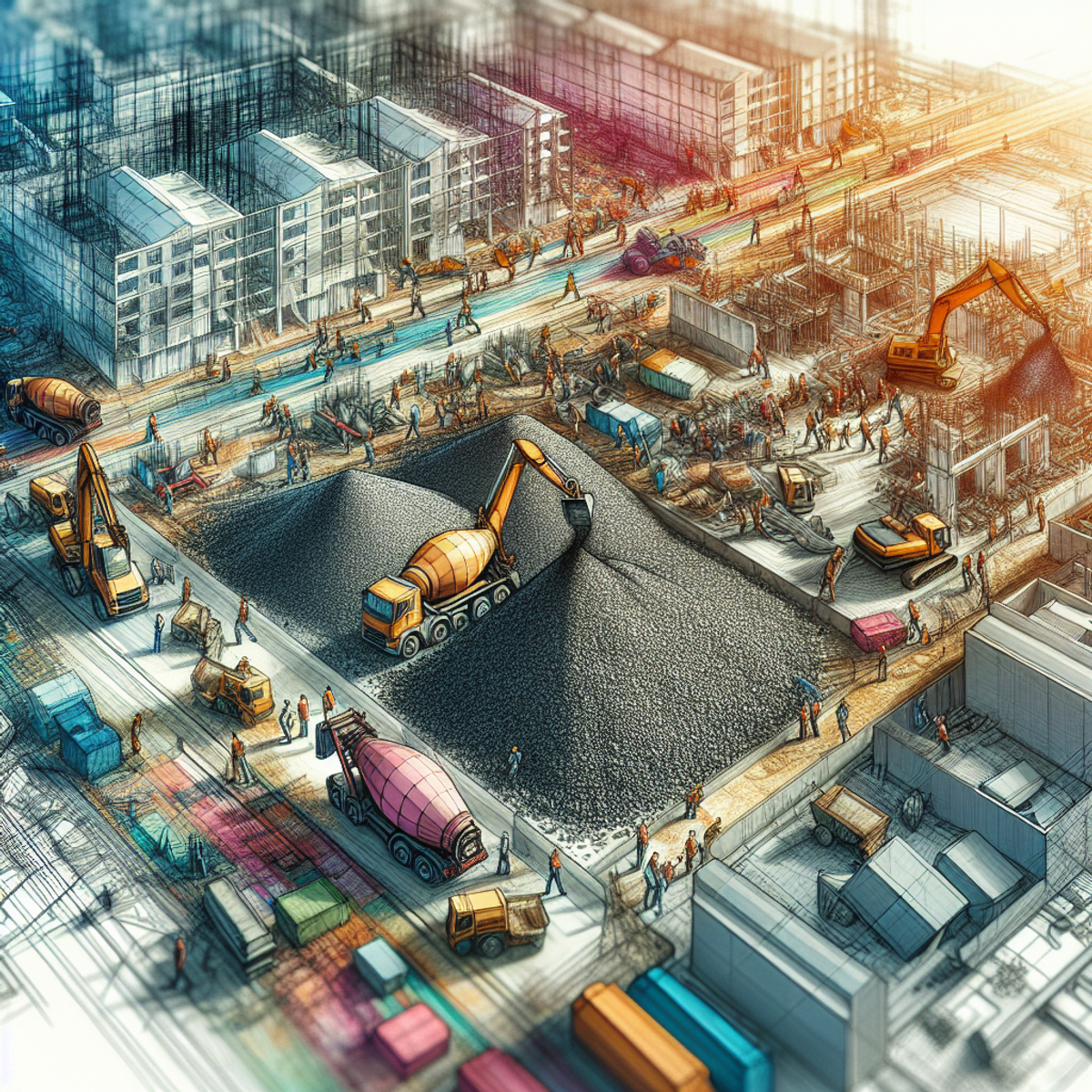 A construction site with diverse workers and machinery, featuring a prominent pile of crushed concrete.