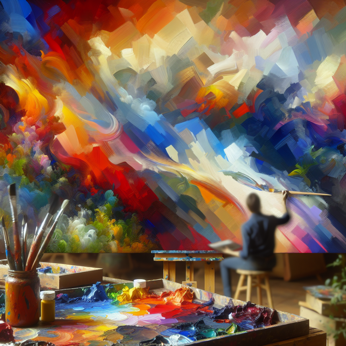 A colorful abstract oil painting with vibrant, swirling brushstrokes.