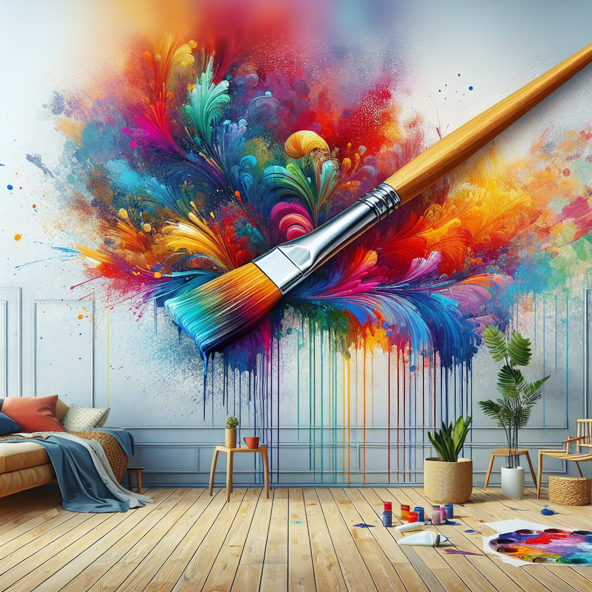 A paintbrush applying colorful strokes on a canvas.
