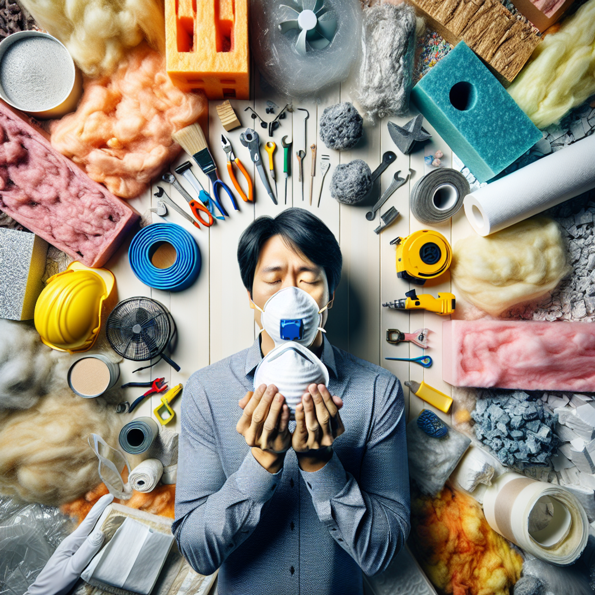 An Asian man carefully holding a safety mask amidst various insulation materials such as fiberglass, spray foam, and mineral wool.