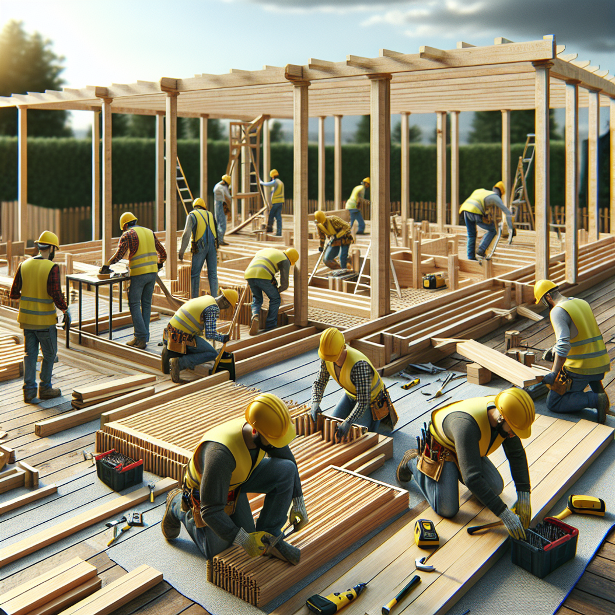 Workers of varying descents assembling a wooden deck at a construction site with hammers and electric drills.