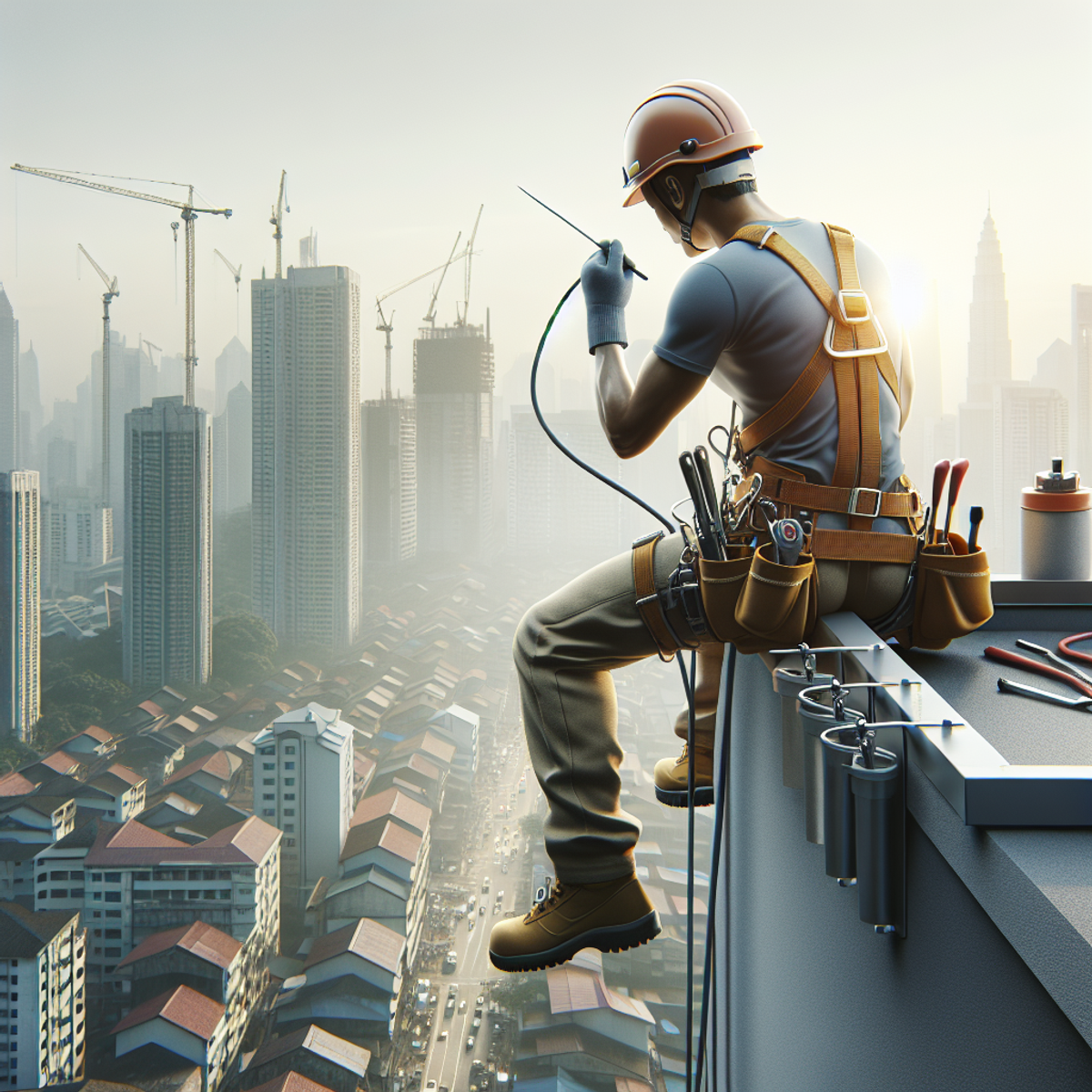A South Asian builder wearing a safety harness and using tools while perched on a rooftop.
