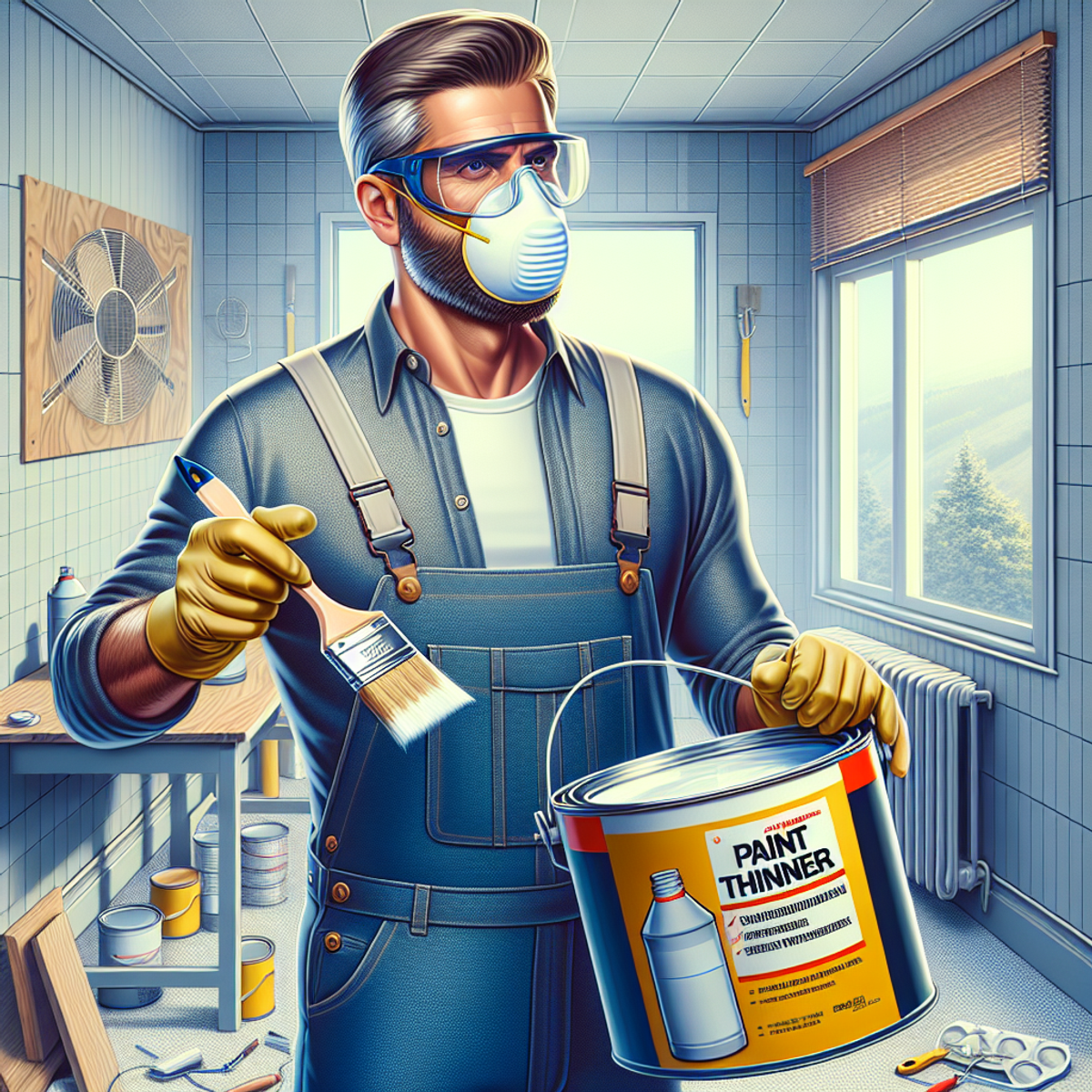 A man wearing protective goggles, latex gloves, and a mask confidently using paint thinner in a well-ventilated area with a paintbrush in hand.