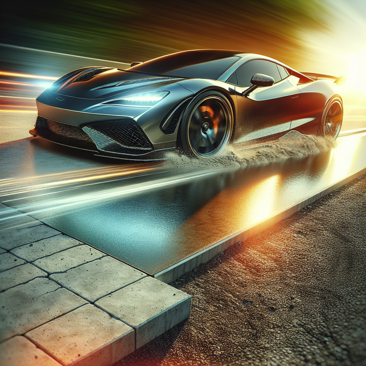 A modern car driving on a new concrete driveway.