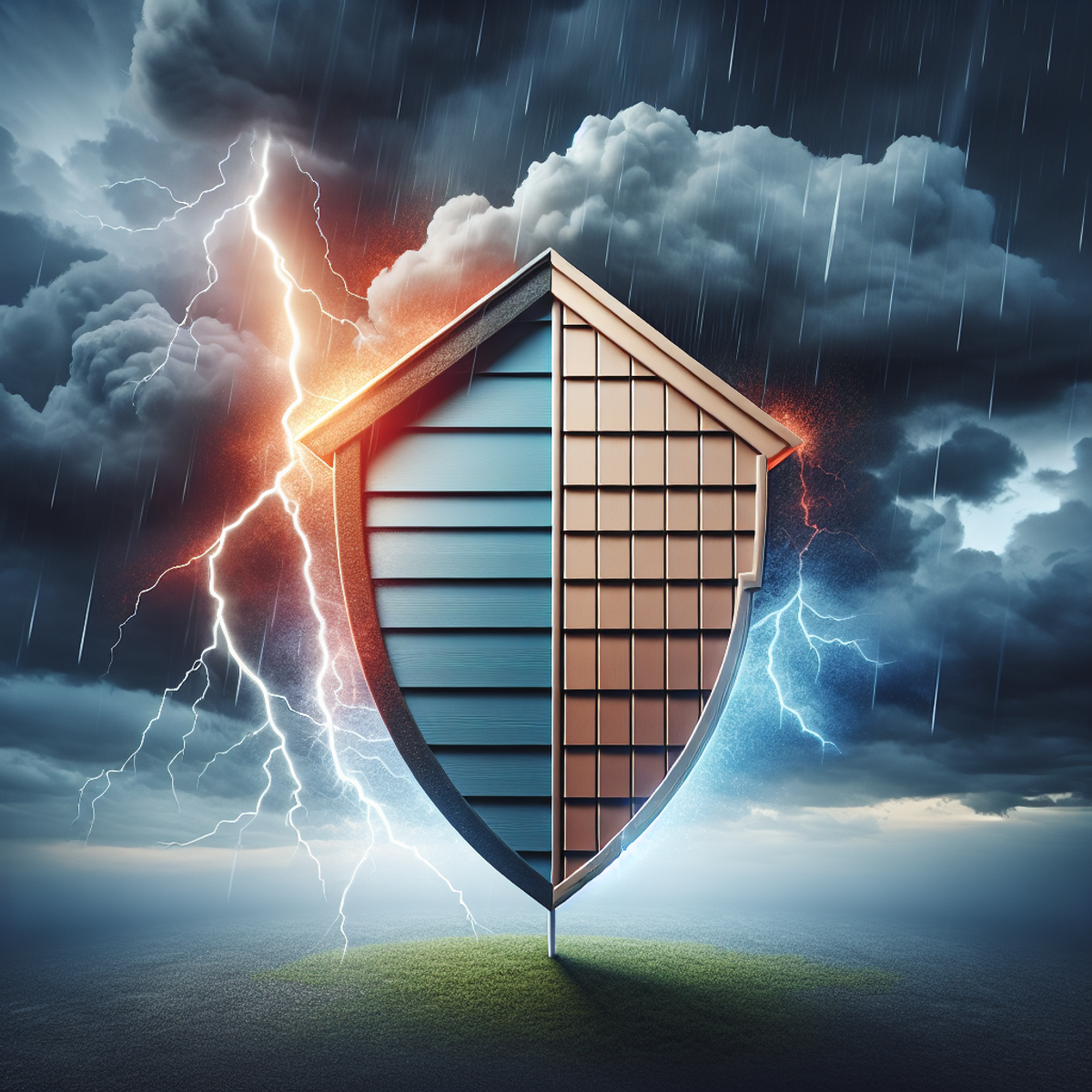 A sturdy shield made of house siding stands strong against stormy weather, symbolizing the protection offered by homeowners insurance.