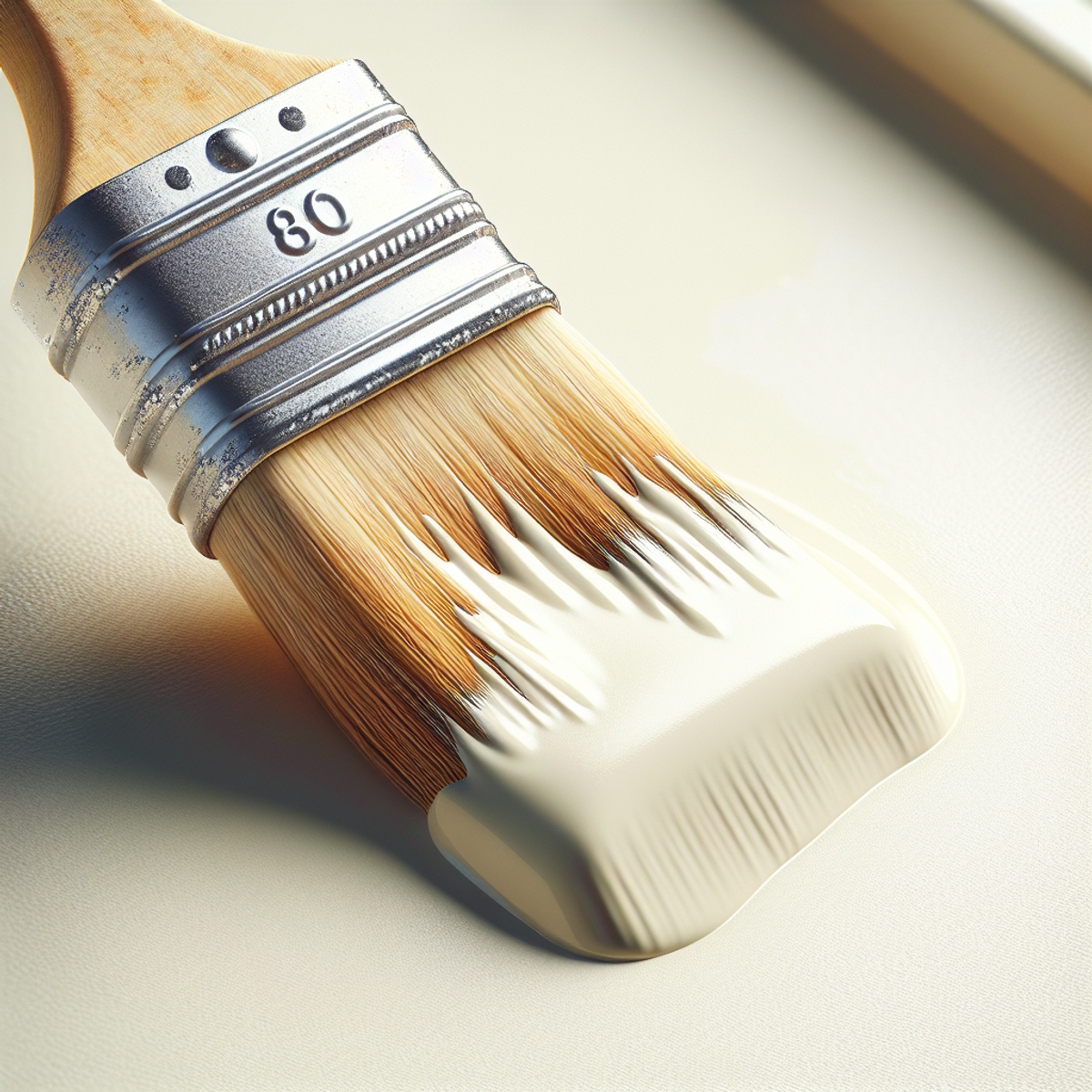 A close-up view of a paintbrush applying off-white primer onto a smooth surface, with the bristles visibly soaked in primer and creating a textured effect.