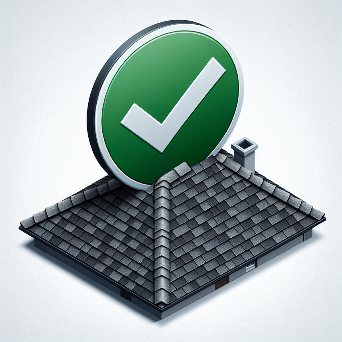 A close-up image of a roof with shingles and a large green checkmark symbol on top.
