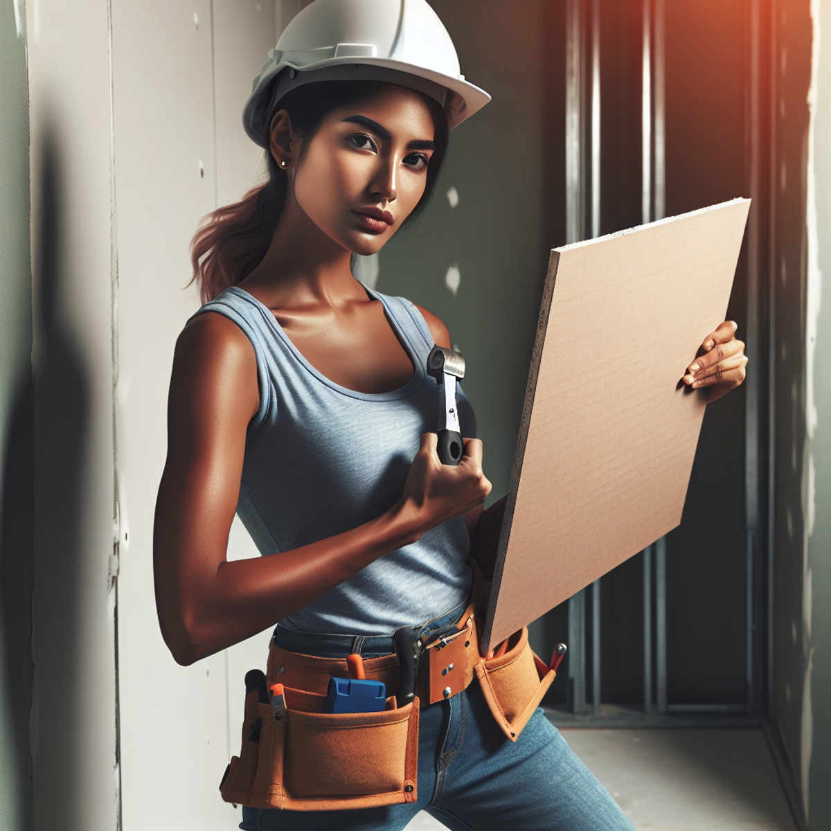 A South Asian female construction worker confidently handling a piece of drywall while wearing a safety helmet and tool belt.