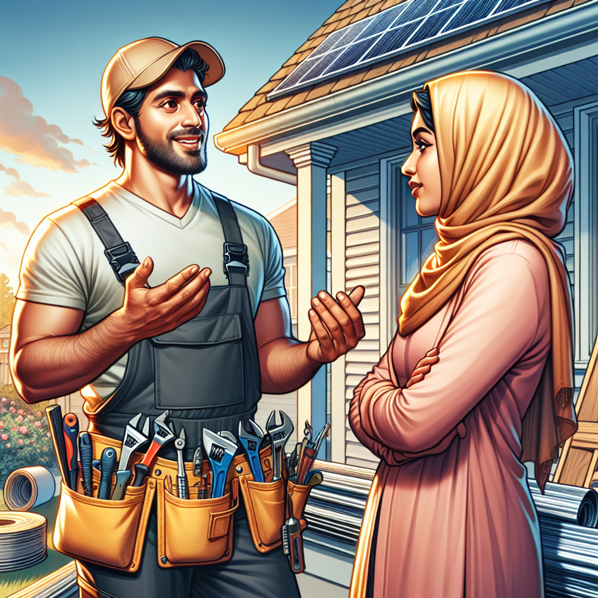 A South Asian roofer explains technical details to a Middle-Eastern homeowner outside a house, with roofing materials in the background.