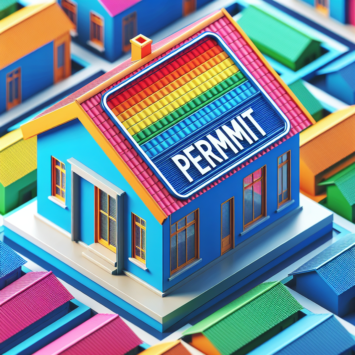 A vibrant image of a newly constructed building with a colorful and textured roof, prominently displaying a building permit in the form of a large seal or stamp.