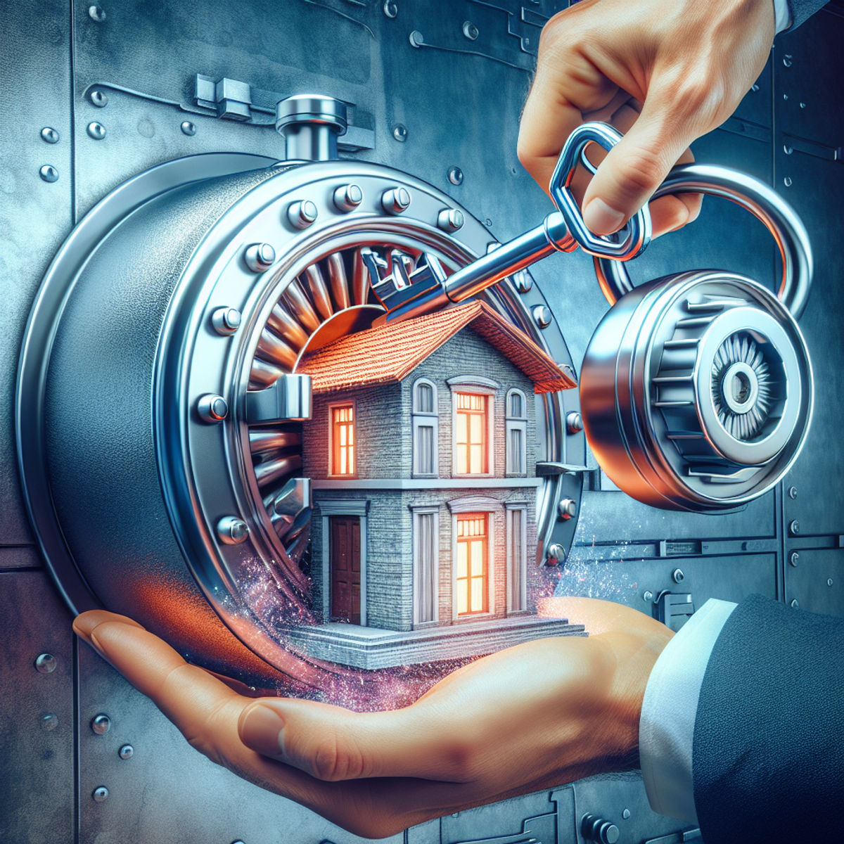A large key is being inserted into a house-shaped bank vault, symbolizing the process of securing mortgage approval for unique properties.