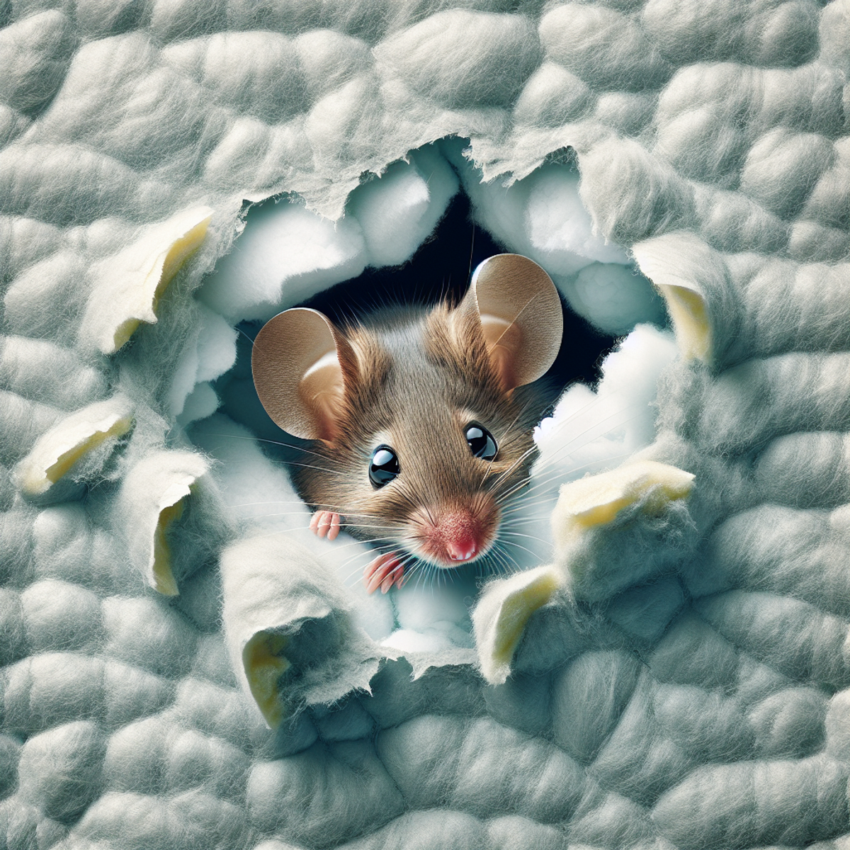 A cute brown mouse peeking out from a torn section of insulation.