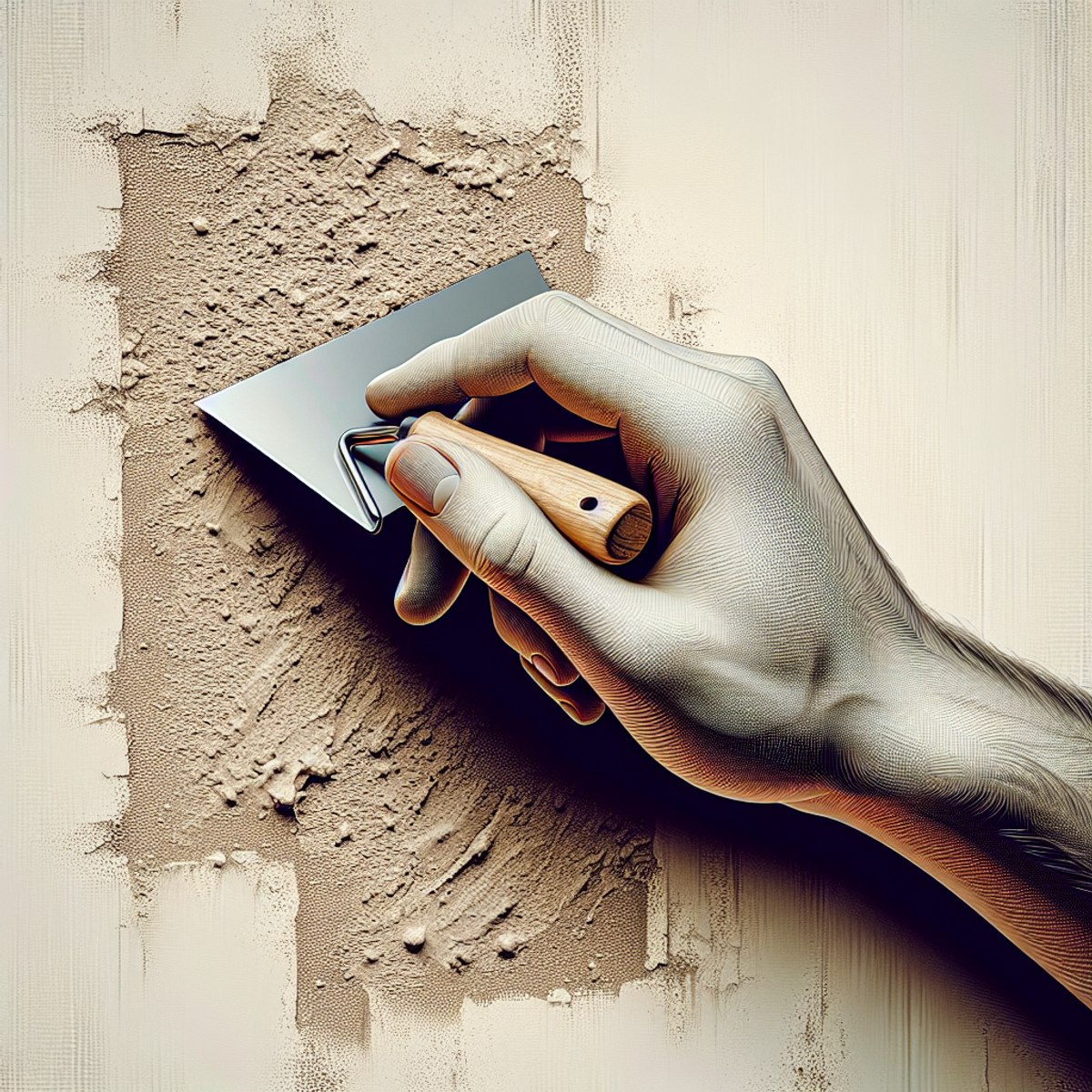 A close-up image of a hand applying drywall mud with a trowel, preparing a wall for painting.
