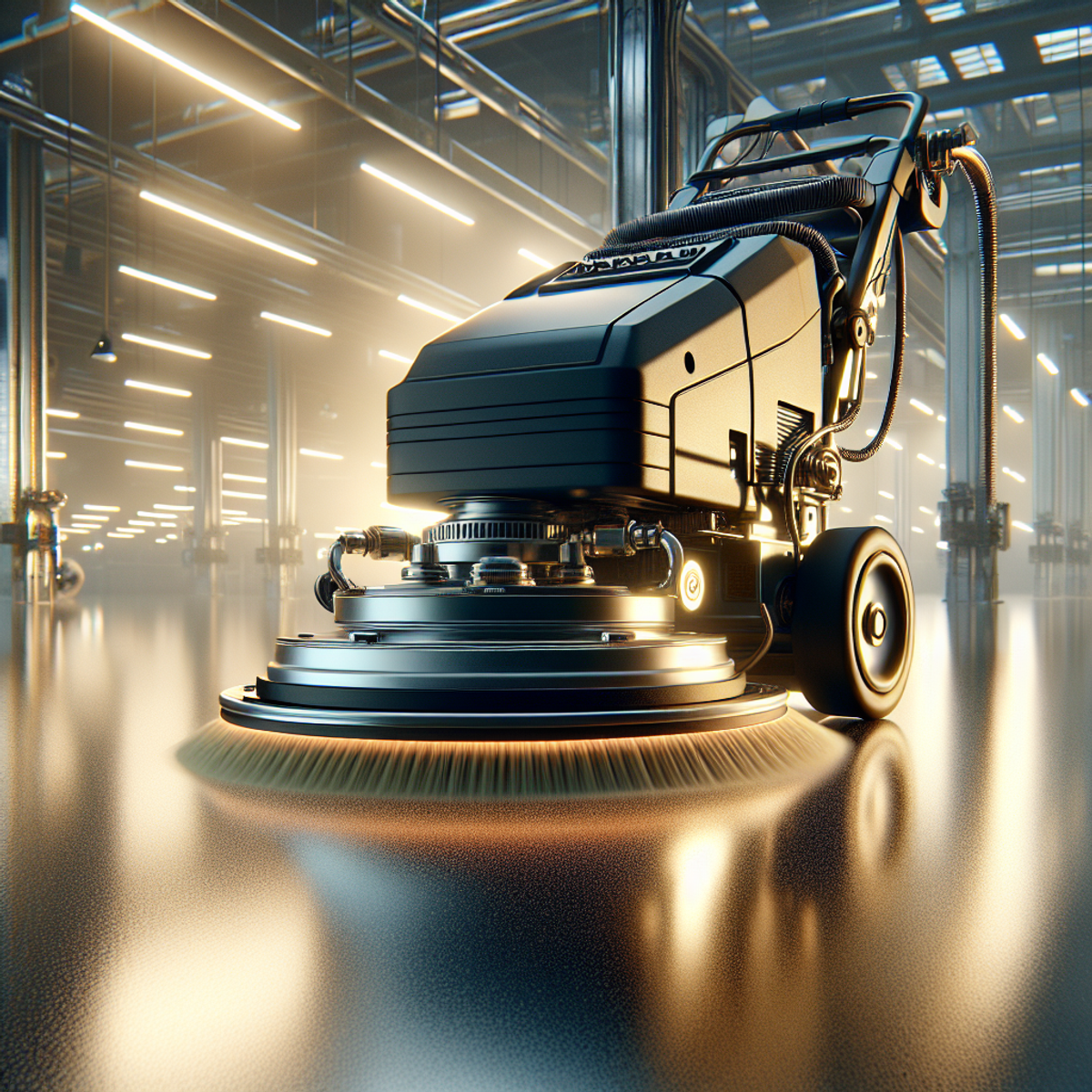 A burnishing machine in close-up mode working on a shiny floor, with fluid motion and an aura of effortless operation.