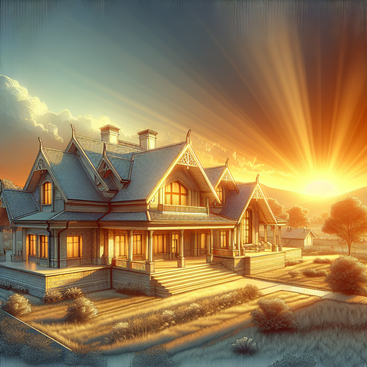 A house with a pitched roof against a sunset.