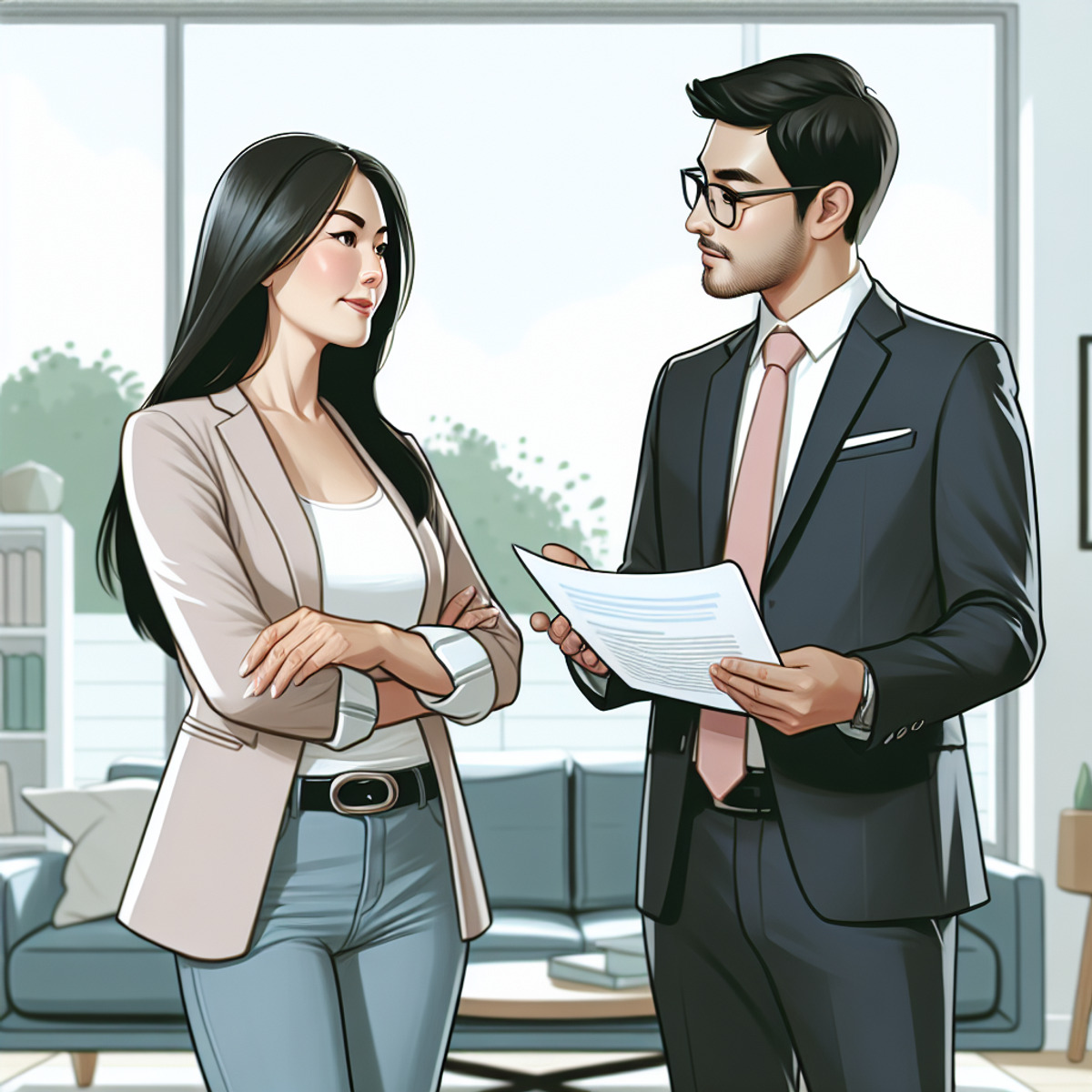 A mature Asian woman stands confidently in her modern living room, engaged in a positive discussion with a Middle-Eastern male insurance agent, both holding documents.