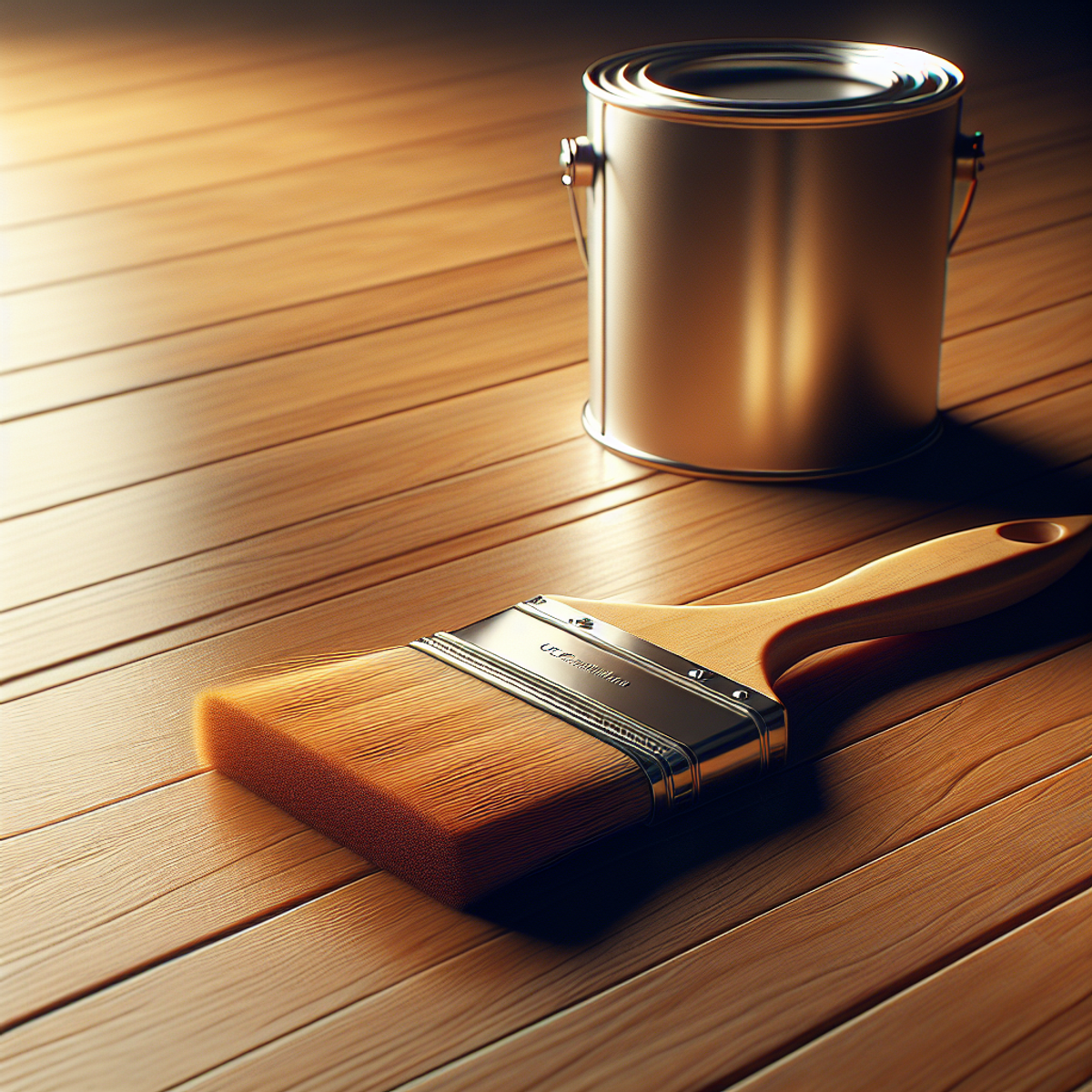 A paintbrush and can of paint thinner on a wooden surface.