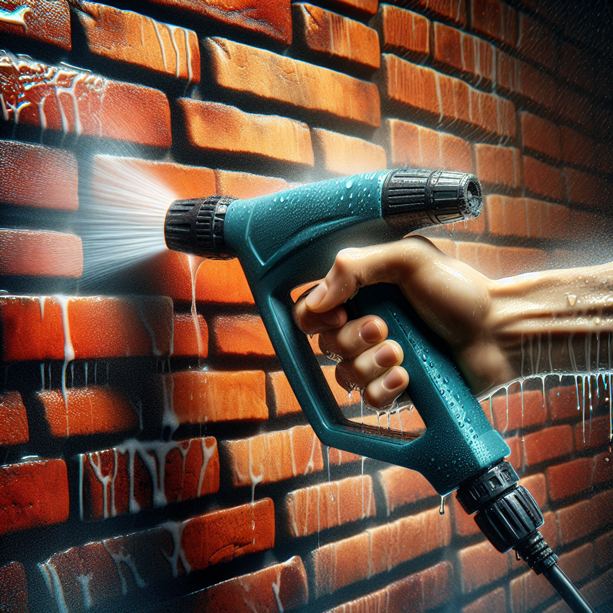 A hand holding a power washer nozzle, spraying water onto a vibrant and freshly cleaned brick wall.