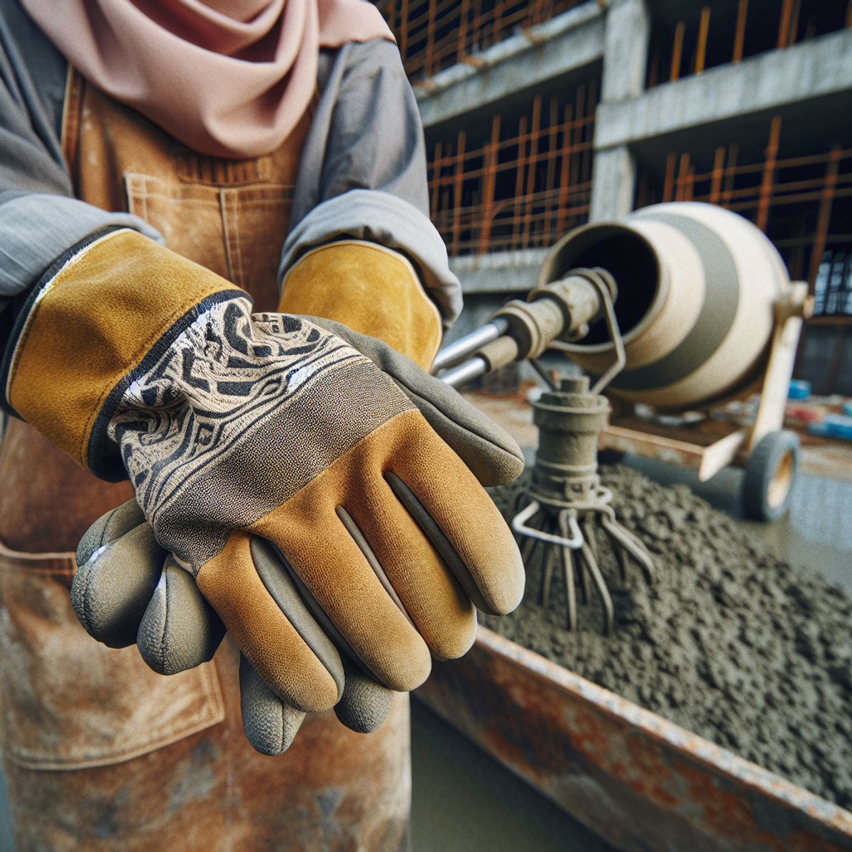 A close-up image of a Middle-Eastern female construction worker wearing sturdy work gloves as she carefully holds a concrete mixing tool, with a large pile of concrete mix in the background.