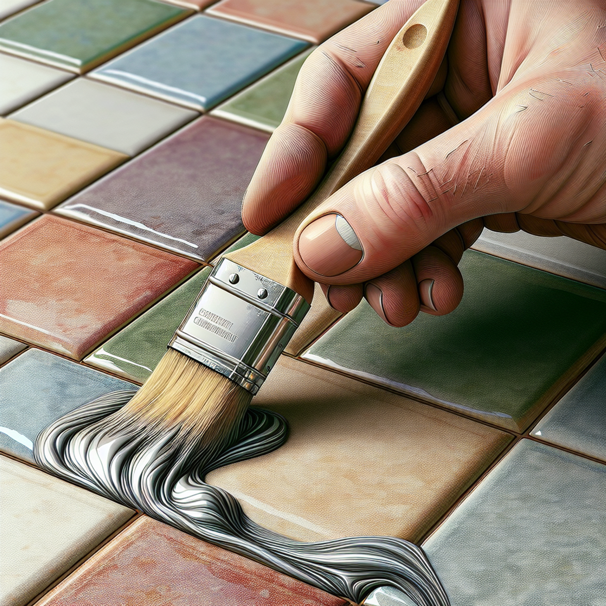 A hand holding a paintbrush with adhesive on the bristles, hovering over a multicolored tiled surface.