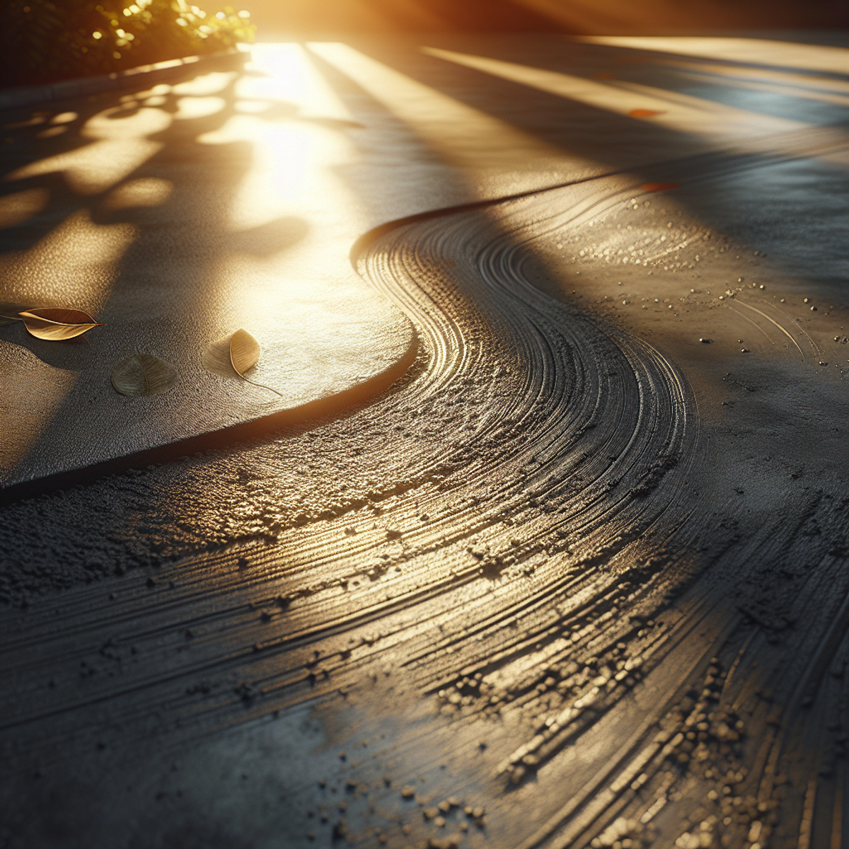 A well-cured concrete driveway glistens under the warm sunlight, showcasing its texture and durability.