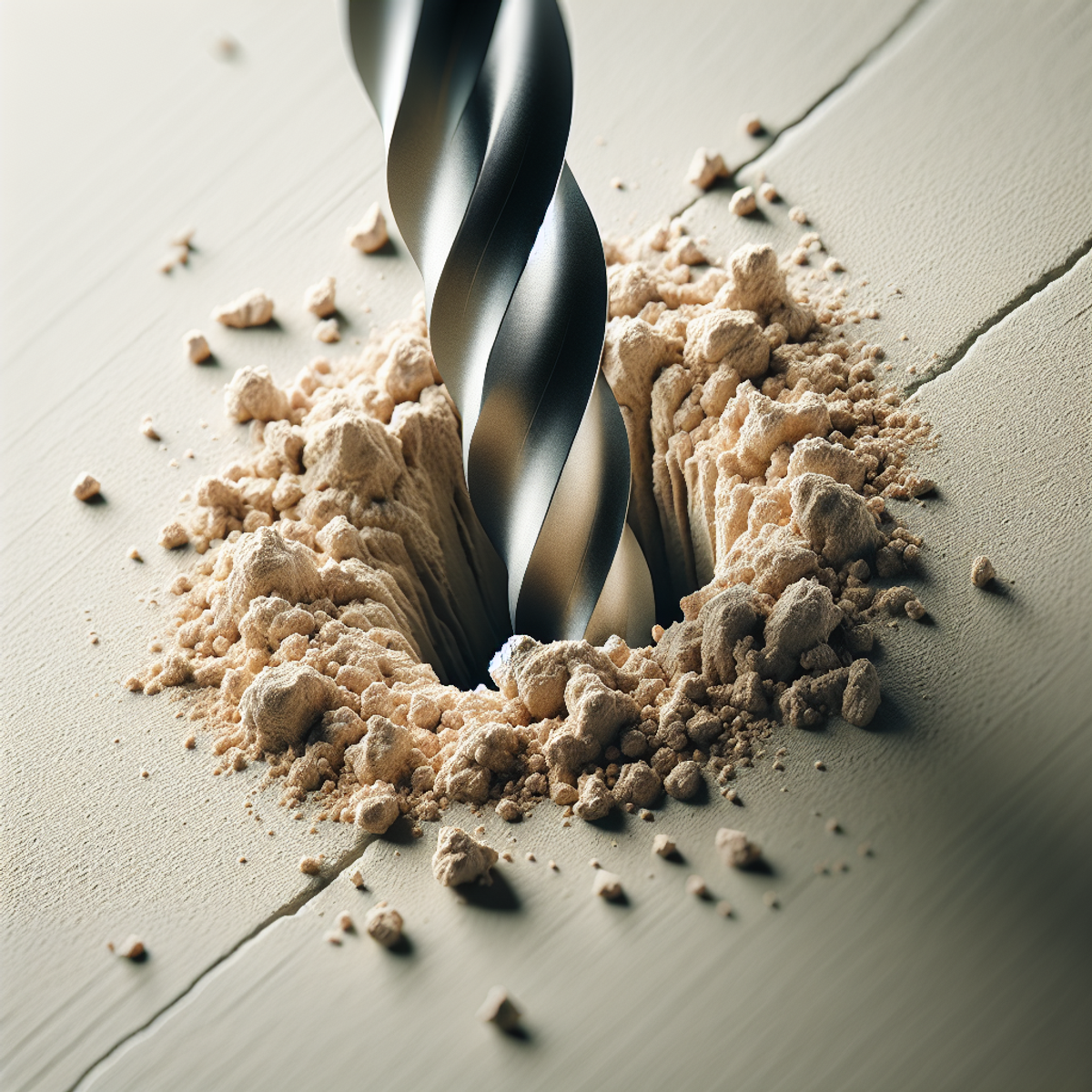 Metal drill bit penetrating beige stucco surface