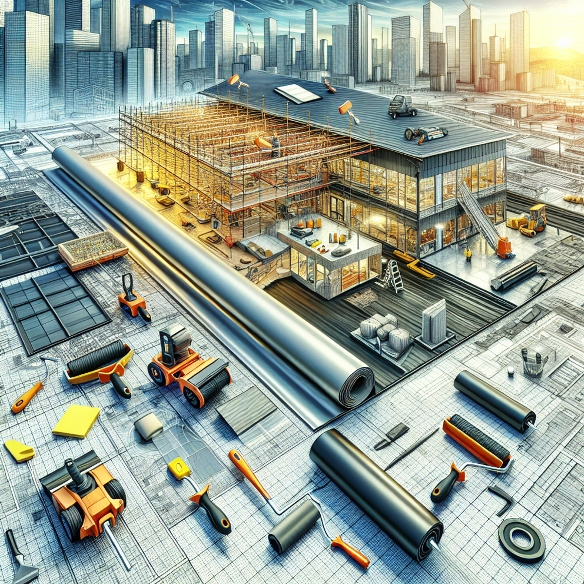 A worker installing a rubber membrane roof on a low-slope building, surrounded by tools and equipment such as adhesive rollers, seam rollers, and rubber roof sheets.