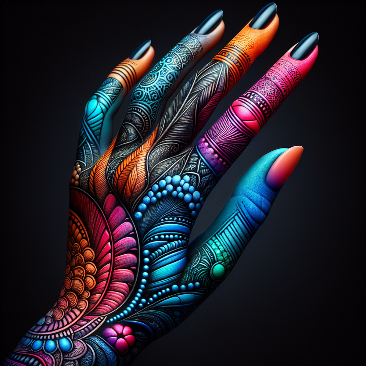 A hand with intricate body art in vibrant colors.