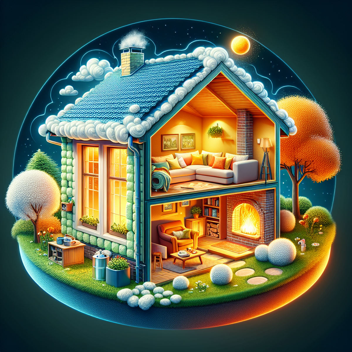 Cozy home with spray foam insulation, featuring a soft couch, warm fireplace, and sturdy walls.