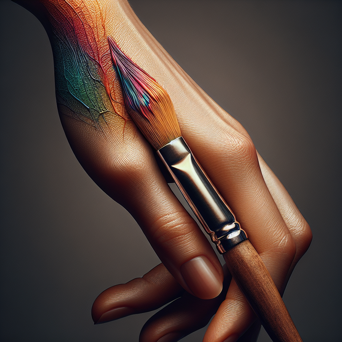 A hand holding a paintbrush with vibrant colors, delicately touching skin.