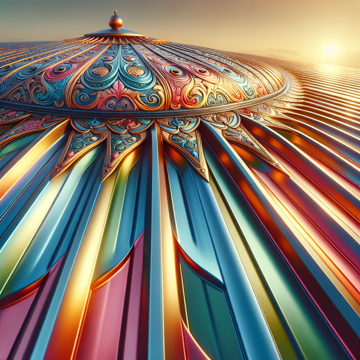 Colorful metal roof with intricate pattern and vibrant texture.