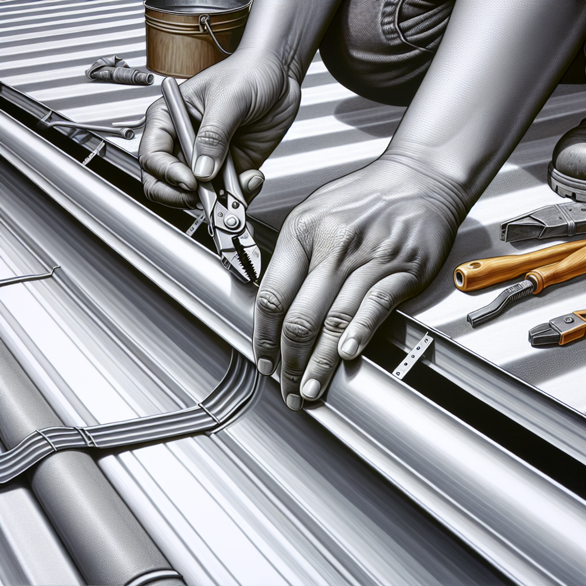 Pair of Hispanic female hands attaching gutters to a metal roof.