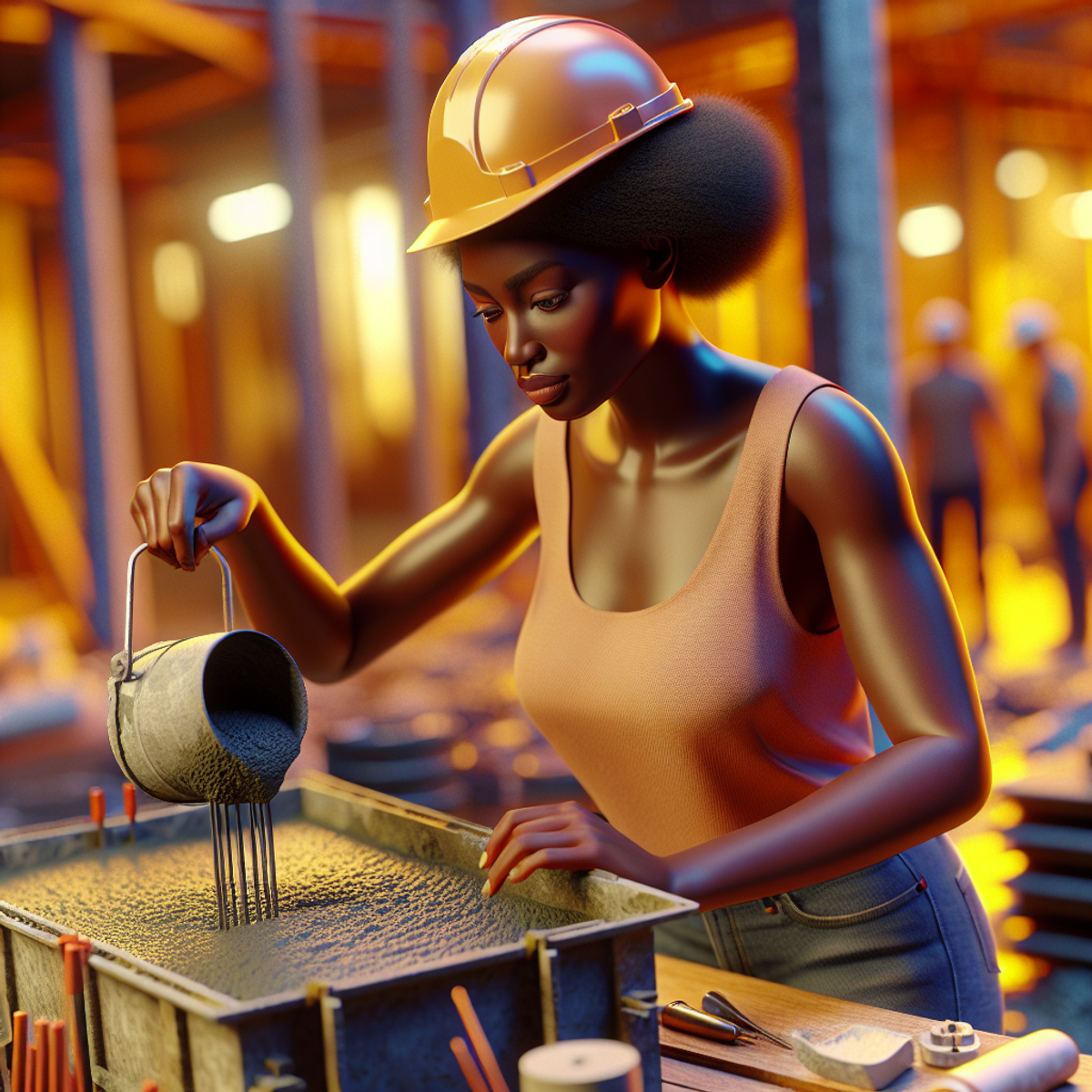 A Black female construction worker measuring concrete slump at a busy construction site.
