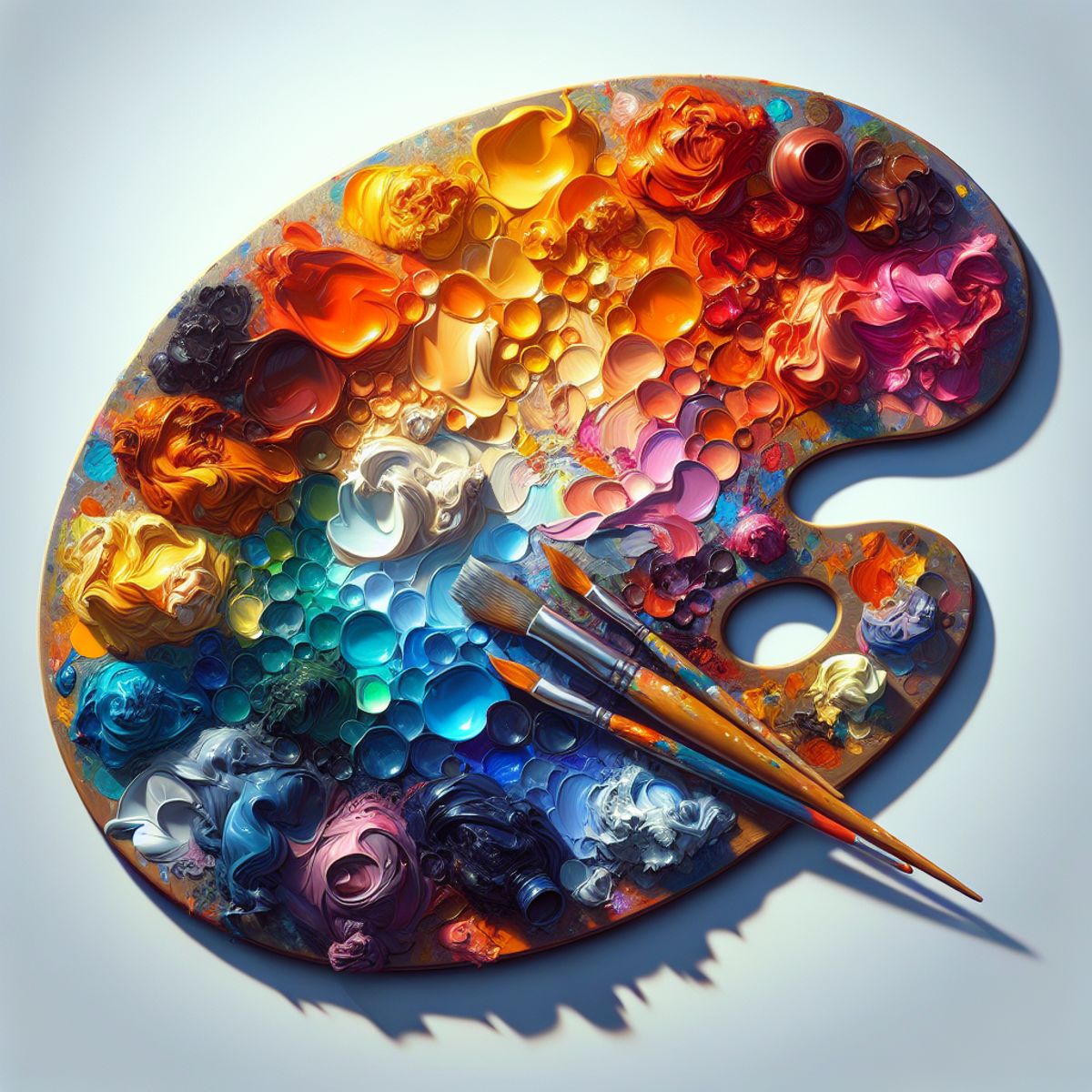 A painter's palette with a mix of acrylic and oil paints in vibrant colors.
