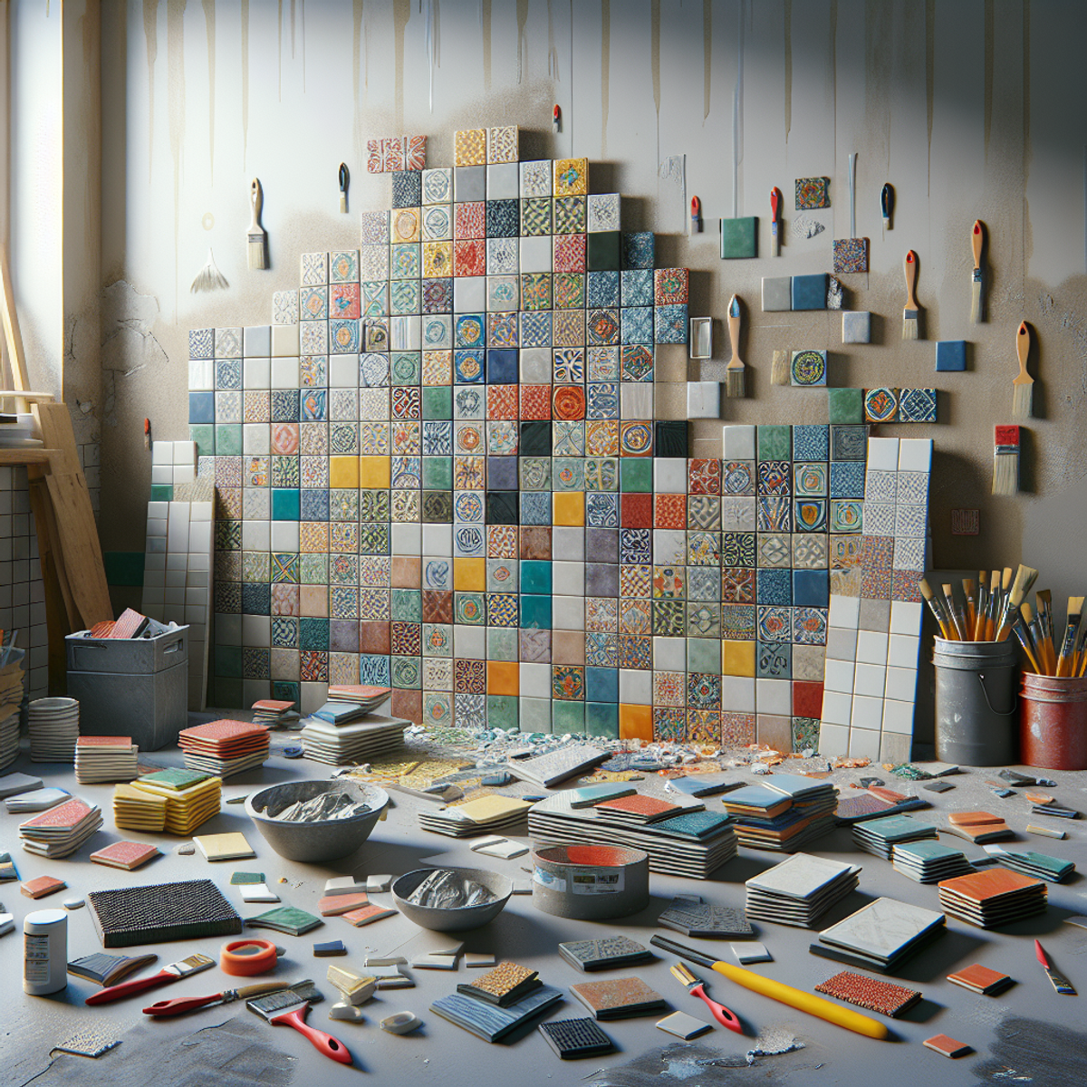 Tiles being installed on a partially tiled wall with tiling tools and materials scattered around.